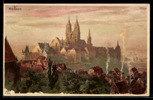 Künstler-AK Heinrich Kley: Meissen, Ortsansicht aus der Vogelschau