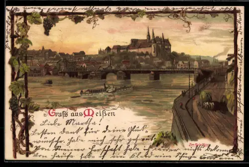 Lithographie Meissen, Ortsansicht, Dampfer