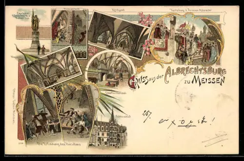 Lithographie Meissen, Mehrfachansicht Albrechtsburg, Verlobung des Prinzen