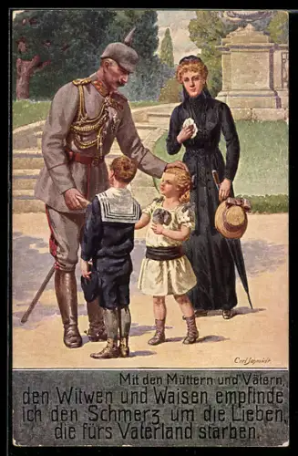 Künstler-AK Kaiser Wilhelm II. mit einer Kriegswitwe und deren Kinder