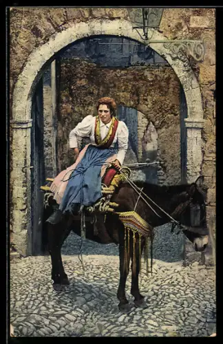 AK Frau reitet auf einem Esel