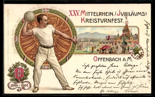 Lithographie Offenbach a. M., XXV. Mittelrhein. Jubiläums-Kreisturnfest 1901, Turner und Festplatz, Ganzsache