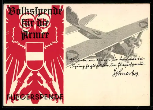 AK österreichische Fliegerspende mit Flugzeug und Wappenadler