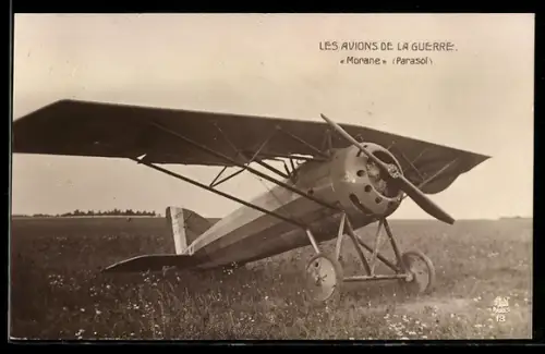AK Flugzeug, französischer Eindecker Morane Parasol am Boden
