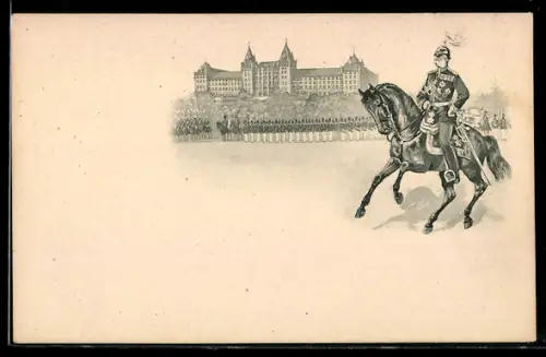 Lithographie Dresden-Neustadt, König Albert von Sachsen in Uniform zu Pferde, Kaserne d. Schützen-Rgt. Nr. 108
