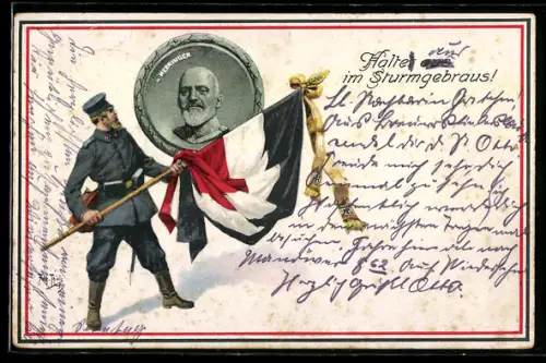 Künstler-AK Arthur Thiele: Haltet aus im Sturmgebraus, General von Heeringen, Soldat mit Reichsfahne