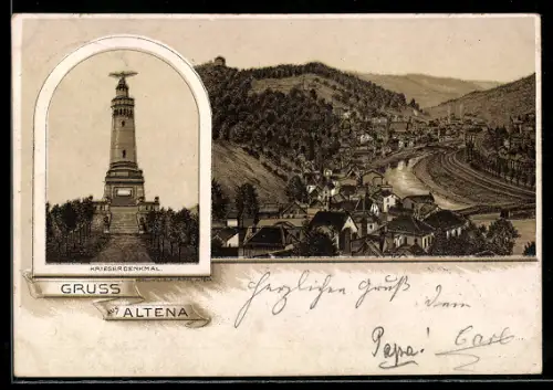 Vorläufer-Lithographie Altena, 1895, Ortsansicht im Tal mit Eisenbahnstrecke, Kriegerdenkmal