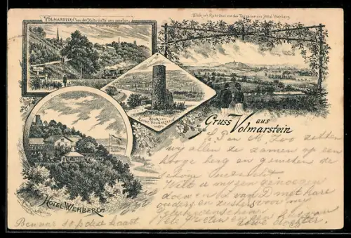 Vorläufer-Lithographie Volmarstein, 1893, Teilansicht des Ortes mit Hotel Wehberg, Blick ins Ruhrtal, Ruine Volmarstein