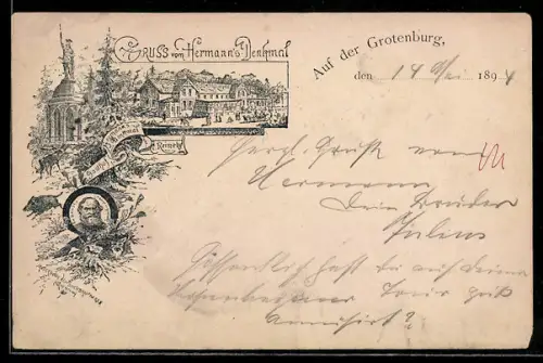 Vorläufer-Lithographie Detmold, 1894, Gasthof Hermann-Denkmal, Ansicht vom Hermanns-Denkmal