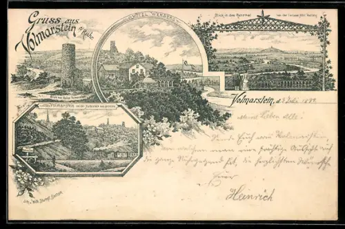 Vorläufer-Lithographie Volmarstein /Ruhr, 1894, Ruine, Hotel Wehberg, Ortspanorama