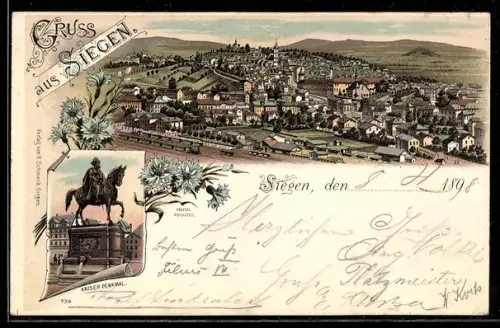 Lithographie Siegen, Teilansicht, Kaiser-Denkmal