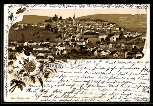 Lithographie Siegen, Gesamtansicht, Wappen