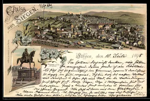 Lithographie Siegen, Kaiserdenkmal, Blick auf den Ort mit Bahngleisen