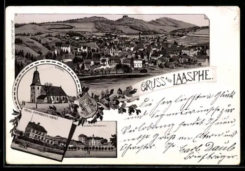 Lithographie Laasphe, Königliche Präparanden-Anstalt, Schloss Wittenstein, Kirche und Ortsansicht