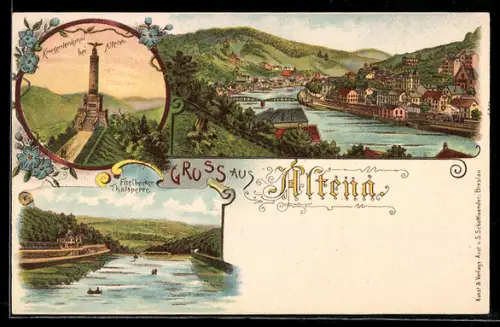 Lithographie Altena, Kriegerdenkmal, Fuelbecker Thalsperre, Ortsansicht mit Fluss und Brücke