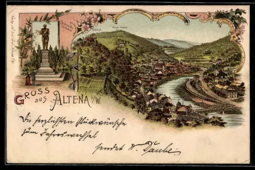 Lithographie Altena i /W., Teilansicht mit Schloss u. Krieger-Denkmal, Bismarck-Denkmal