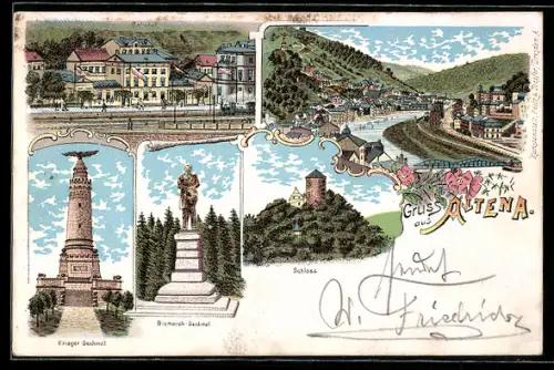 Lithographie Altena, Bahnhof, Bismarck-Denkmal, Schloss