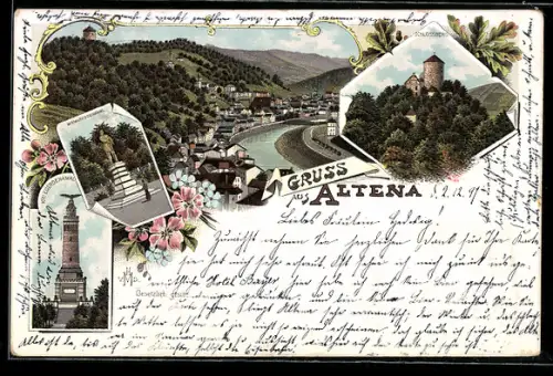 Lithographie Altena, Kriegerdenkmal, Bismarckdenkmal, Schlossberg und Ortsansicht
