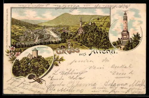 Lithographie Altena, Totalansicht, Schlossberg, Kriegerdenkmal