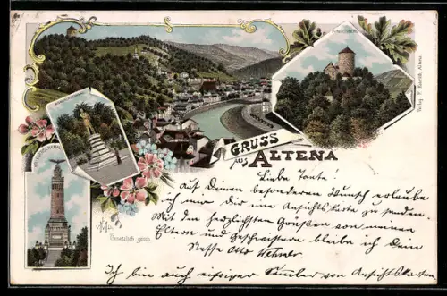 Lithographie Altena, Kriegerdenkmal, Bismarckdenkmal und Schlossberg