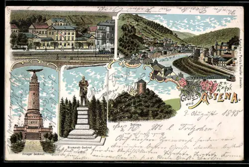 Lithographie Altena, Bahnhof, Bismarck-Denkmal, Schloss