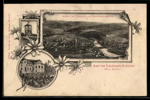 AK Werdohl, Remelshagen-Restaurant W. Köster mit Aussichtsturm, Ortsansicht mit Umgebung