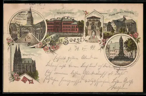Lithographie Soest i. W., Kriegerdenkmal, Königliches Lehrerseminar, Wiesenkirche, Osthofenthor, Marktstrasse