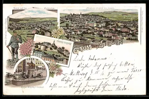 Lithographie Siegen, Blick auf das Hüttenthal, Bergmann, Nördliche Stadtansicht