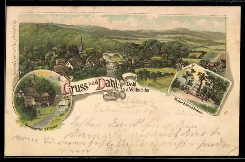 Lithographie Dahl a. d. Vollme, Gasthof zur Post, Bes. H. Kruskopf, Kaiser Friedrich-Denkmal