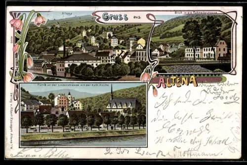 Lithographie Altena, Lindenstrasse mit der kath. Kirche, Blick in die Rahmedestrasse