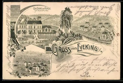 Lithographie Eveking, Gasthof zur Verse v. Ewald Funke, Teilansicht