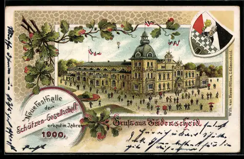 Lithographie Lüdenscheid, Neue Festhalle der Schützengesellschaft, Wappen, Eichenlaub