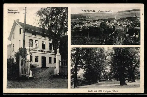 AK Neuenrade, Gesamtansicht, Restaurant Kaisergarten und Wall mit 1000 jährigen Eichen