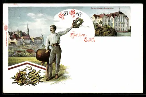 AK Meissen-Cölln, Turnhalle des Frisch Auf, Wappen und Turner