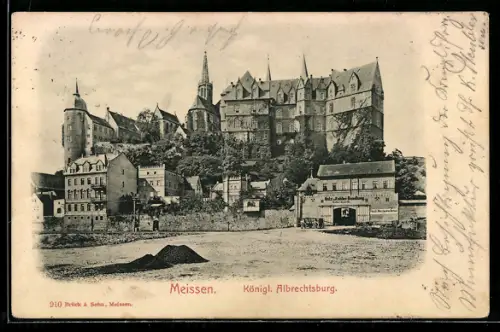 AK Meissen, Hochuferstrasse mit Kohlenhandel Anton Koch, Kgl. Albrechtsburg