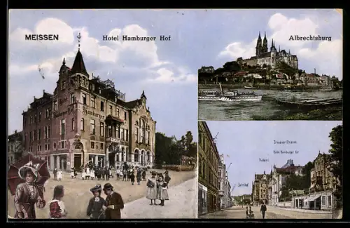 AK Meissen, Hotel Hamburger Hof, Dresdner Strasse, Postamt, Bahnhof, Albrechtsburg