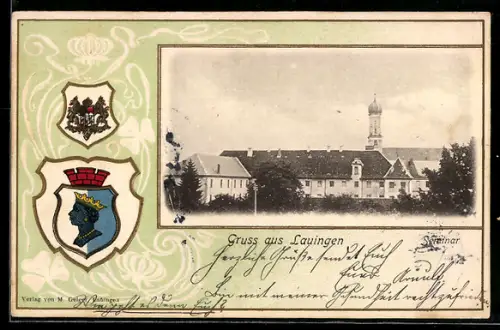 Passepartout-Lithographie Lauingen, Seminar, Wappen und Kleeblätter