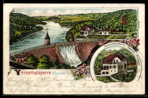 Lithographie Neuemühle i. W., Blick zur Versethalsperre, Genossenschafts-Gasthof Fürwigge