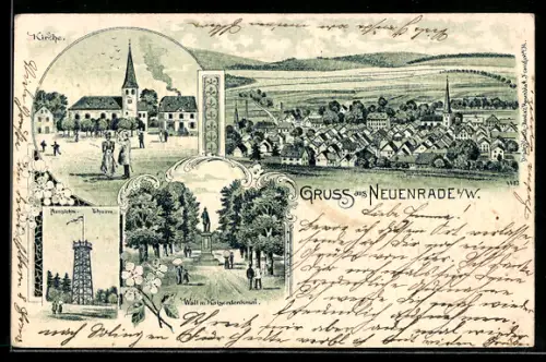 Lithographie Neuenrade i. W., Kirche, Aussichtsturm, Wall mit Kaiserdenkmal