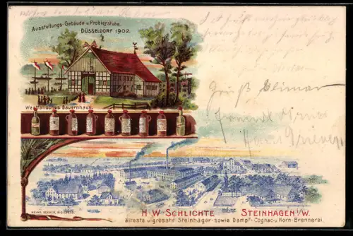 Lithographie Steinhagen, Reklame d. Steinhäger- u. Cognac-Brennerei H. W. Schlichte, Ausstellungsgebäude Düsseldorf 1902