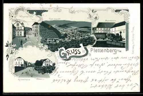 Lithographie Plettenberg i. W., Wilhelmstrasse, Kaiserstrasse, Strassenbahn, Totalansicht vom Ort