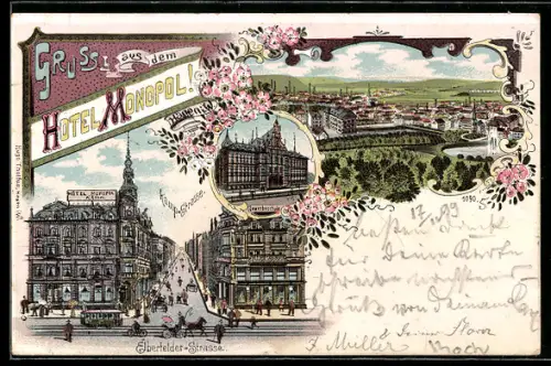 Lithographie Hagen i. W., Hotel Monopol, Elberfelder- Ecke Kamp-Strasse, Gewerbeschule