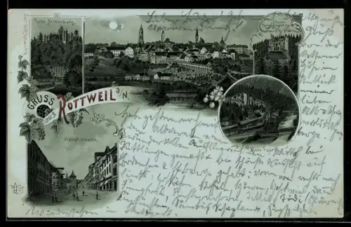 Mondschein-Lithographie Rottweil a. N., Pulver-Fabrik, Ruine Neckarburg, Hauptstrasse