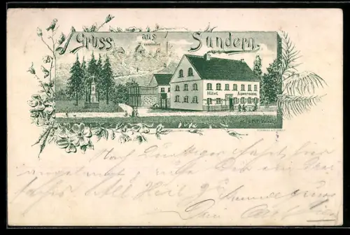 Lithographie Sundern, Hotel Auwermann mit Blick auf die Kaiserhöhe