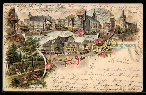 Lithographie Wichlinghausen, Restaurant von Fritz Schürmann, Partie aus dem Nordpark, Marktplatz, Neue Luther. Kirche