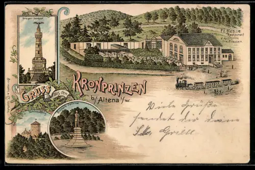 AK Altena i. W., Restaurant zum Kronprinzen von Preussen, Fr. Hesse, Krieger-Denkmal, Schlossberg, Bismarck-Denkmal