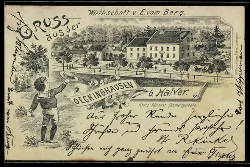 Lithographie Oeckinghausen b. Halver, Gasthaus von E. vom Berg, Kind im Matrosenanzug