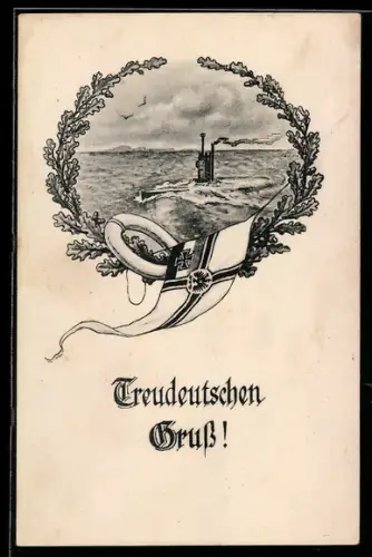 AK Deutsches U-Boot im Kranz aus Eichenlaub, Reichskriegsflagge