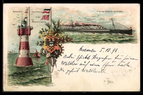 Lithographie Passagierschiff Kaiser Wilhelm der Grosse auf See, Leuchtturm Roter Sand in der Wesermündung
