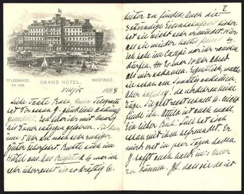 Briefkopf Hastings 1898, Grand Hotel, Blick auf das Hotel und die Seebrücke